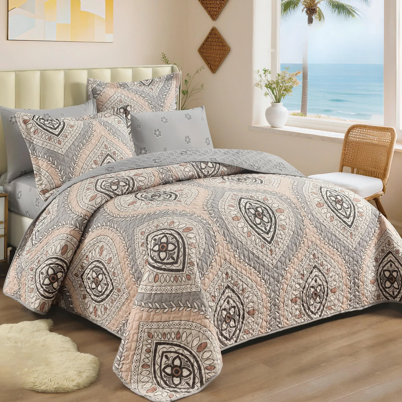 مفرش بيرل الصيفي المبطن 6 قطع مزدوج 8 ألوان أنيقة