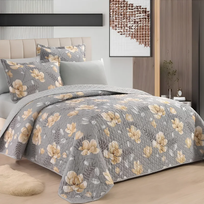 رمادي بأزهار ذهبية/كريمية