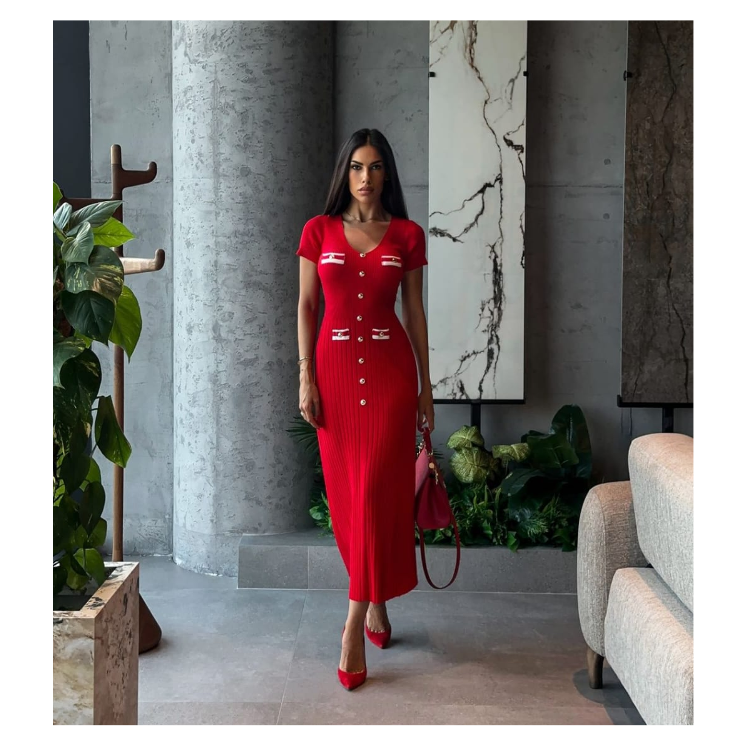 🌸 فستان طويل بأكمام قصيرة وياقة على شكل V ☀️💃