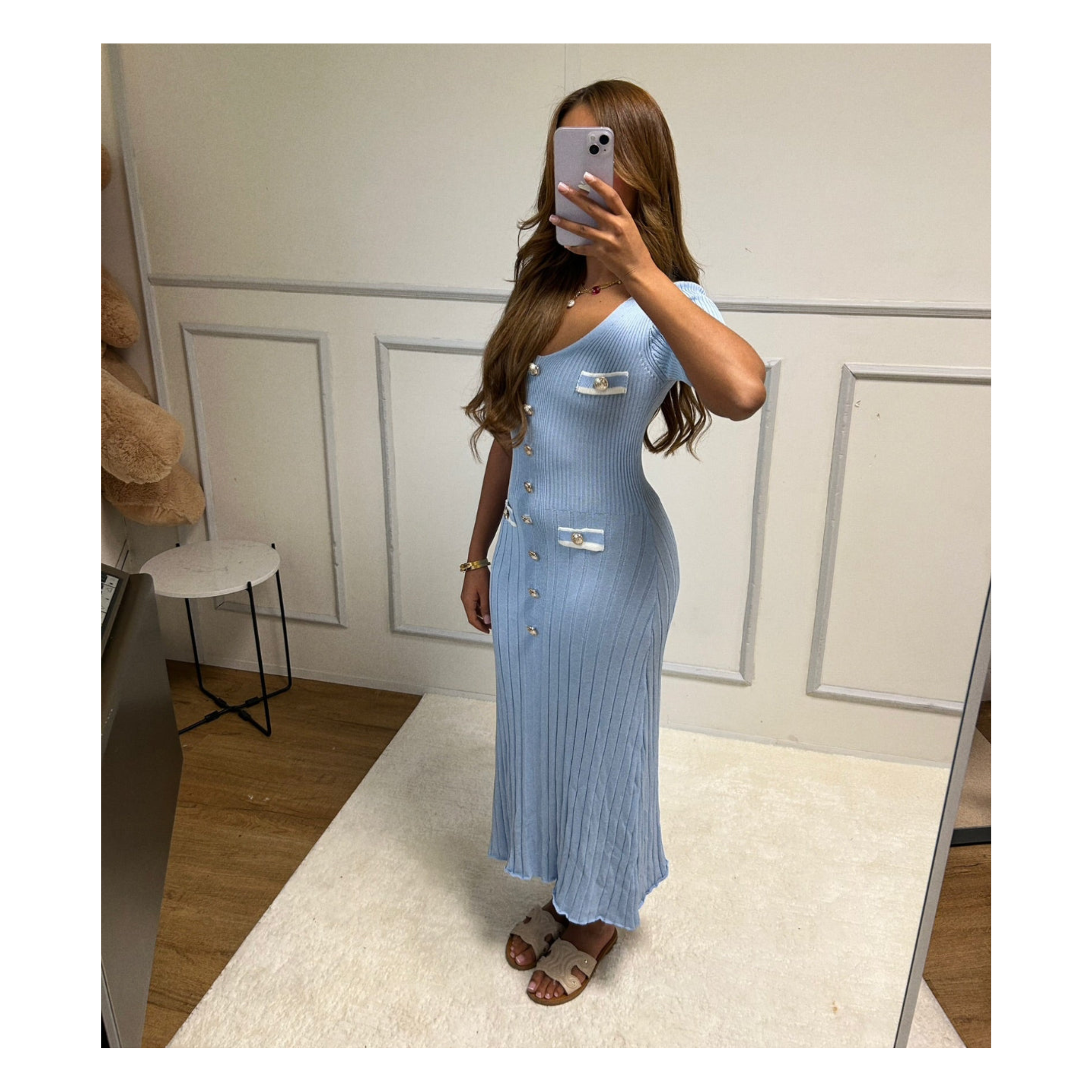 🌸 فستان طويل بأكمام قصيرة وياقة على شكل V ☀️💃