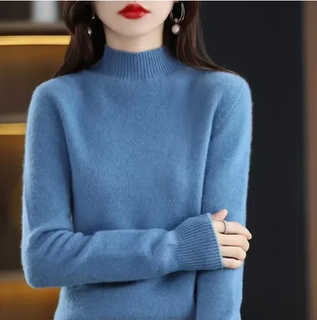 سترة نسائية للخريف والشتاء على الموضة الكورية قمصان قاع دافئة نصف ياقة عالية أساسية تريكو متينة بأكمام طويلة بلوفرات