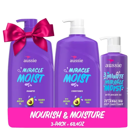 Aussie Miracle Moist Shampoo y acondicionador con acondicionador profundo 3 Minute Miracle, aceite de aguacate y jojoba, sin parabenos, hidrata y desenreda, todo tipo de cabello, aroma floral