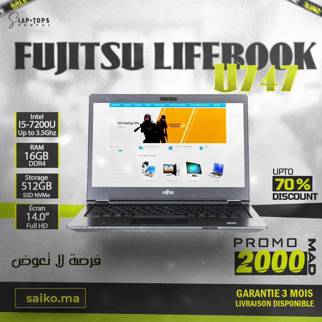 FUJITSU LIFEBOOK U747 I5 7TH 16GB RAM 512GB SSD CHARGEUR ORIGINAL