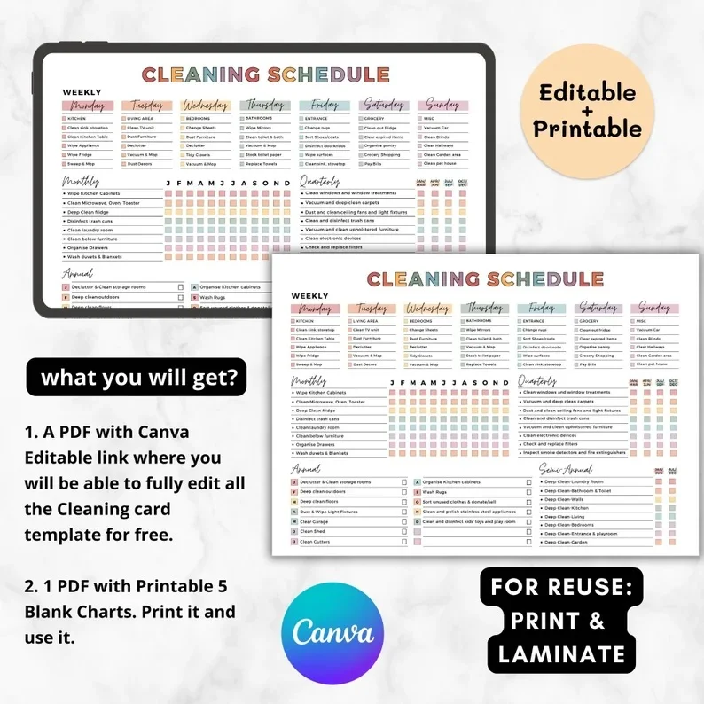 Editable printable cleaning schedule checklist