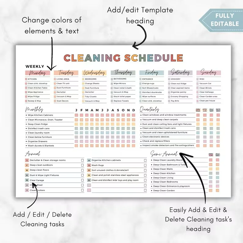 Editable printable cleaning schedule checklist