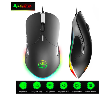 Apedra X6 Wired Gaming Mouse USB Optical, 6 DPI Adjustable 800-6400, 6 LED RGB Backlight, 6 Programmable Buttons