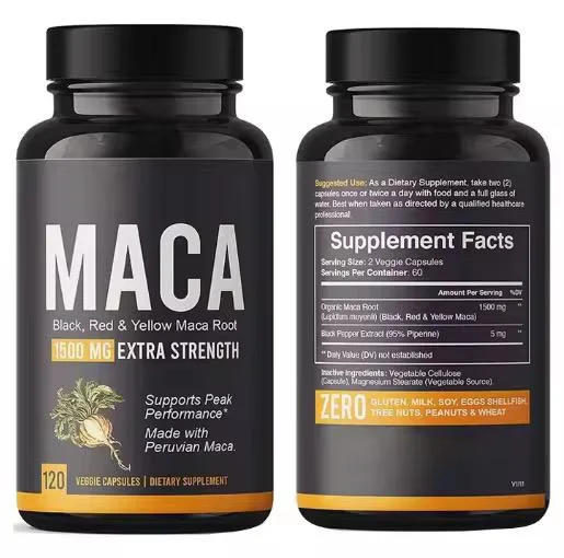 🌿 MACA 1500 mg – Extra Strength  Black, Red & Yellow Maca Root – 120 gélules