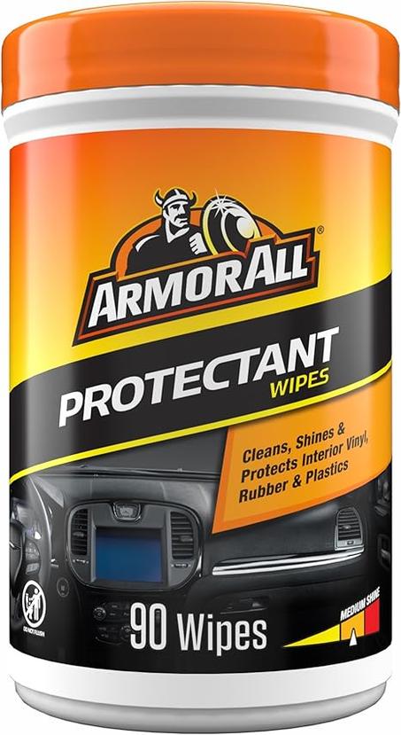 Armor All Toallitas protectoras para el interior del automóvil, recipiente de 90 unidades, protector UV para vinilo, goma, plástico, adornos y tableros
