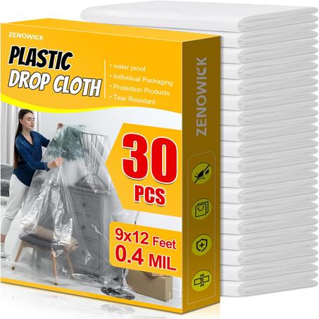 Paquete de 30 paños de plástico, láminas de plástico de 9 x 12 pies para pintar, a prueba de polvo, resistentes al desgarro, tela de lona de plástico para muebles, suelo, sofá, cubierta prote