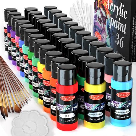 Juego de 55 pinturas acrílicas de 36 colores, botellas de 2 onzas líquidas, 12 pinceles, no tóxica, 36 colores, pintura acrílica que no se decolora, rico pigmento para niños, adultos, artista