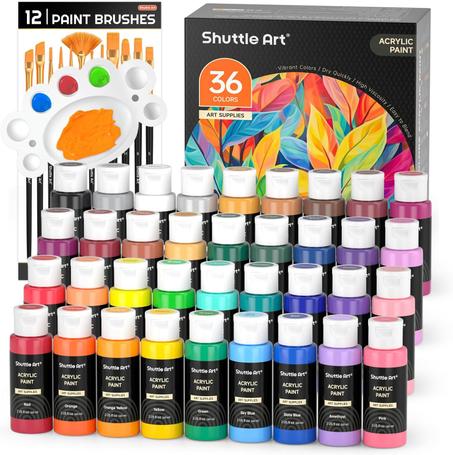 Shuttle Art Juego de pintura acrílica, 36 colores de pintura acrílica con pinceles y paleta, botellas de 2 oz/2.0 fl oz, pigmentos ricos no tóxicos para artistas, niños y adultos, pintura sob
