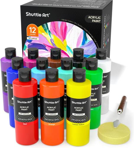 Shuttle Art Pintura acrílica de 12 colores, botellas de 8.5 fl oz/8.45 onzas, pigmentos ricos, suministros de pintura a granel para artistas, principiantes y niños, pintura en rocas, manualid