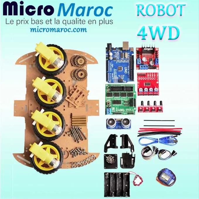 Kit Châssis 4WD Robot Pour Arduino - 4 Moteurs à Engrenages 1:48, Encodeurs De Vitesse, ABS + Métal - Idéal Projet DIY Programmation