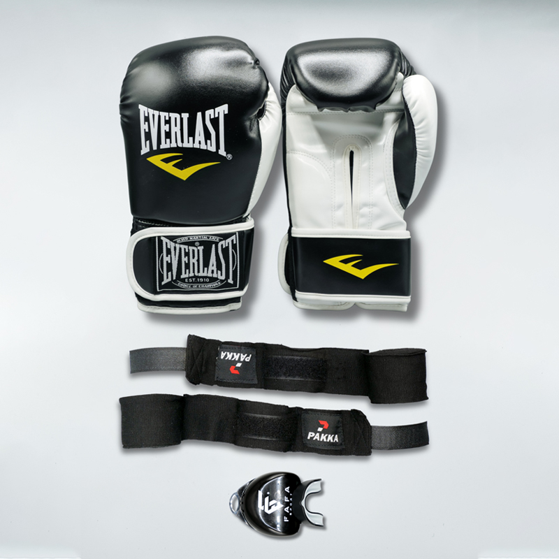 NEW Pack Everlast Noir : Gants Everlast + Bandes + Protège dents FAFA Blanche