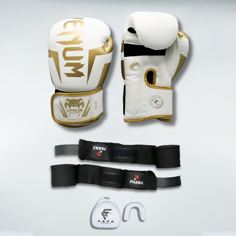 NEW Pack Venum blanche : Gants Venum+ Bandes + Protège dents FAFA Blanche