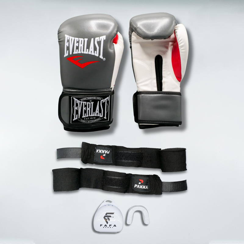 NEW Pack Everlast Gris : Gants Everlast + Bandes + Protège dents FAFA Blanche