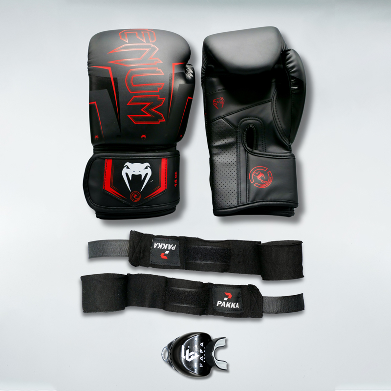 NEW Pack Venum Noir rouge : Gants Venum+ Bandes + Protège dents FAFA Noir