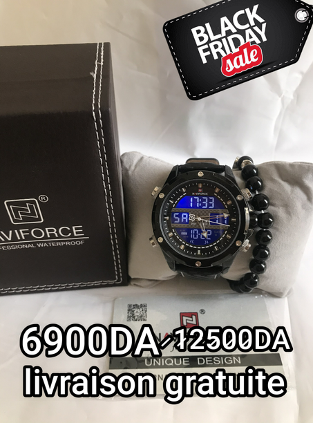 ORIGINAL NAVIFORCE Homme's Imperméable Cuir Digital analogique 001 + bracelet 69