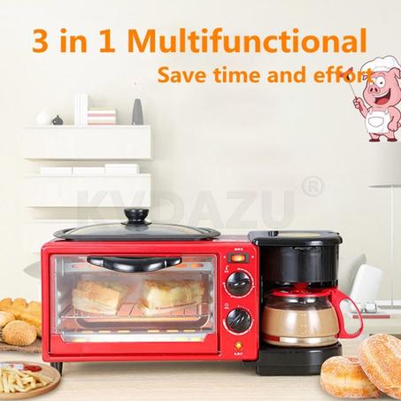 Station de petit-déjeuner familial 3 en 1, centre de préparation, grille-pain électrique multifonction rétro, four en acier inoxydable, cafetière avec bouilloire, plaque à œufs, poêle antiadh
