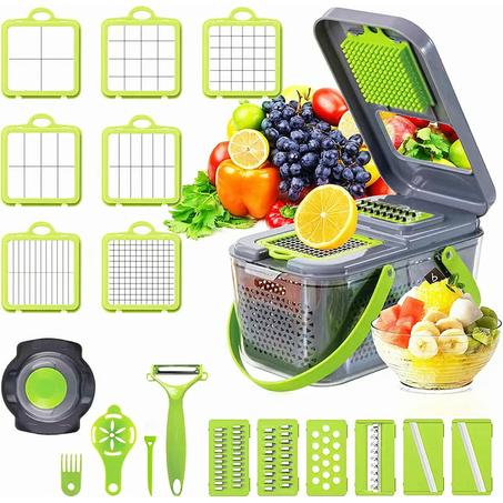 Hachoir à légumes, hachoir à oignons 22 en 1 avec récipient, 13 lames tranchantes, mandoline réglable, râpe de cuisine pour légumes, fromage, œufs, pommes de terre