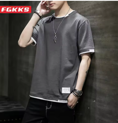 تي شيرت رجالي كاجوال FGKKS 2024 مصنوع من القطن الخالص قابل للتنفس بأكمام قصيرة وتصميم عالي الجودة تي شيرت رجالي كاجوال