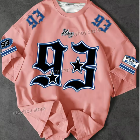 تي شيرت رجالي جديد 2025 برقبة AU وملابس رياضية للجري وكرة القدم للرجال KING NO.93 مطبوع بأكمام قصيرة وقمم كاجوال عتيقة ملابس رجالية