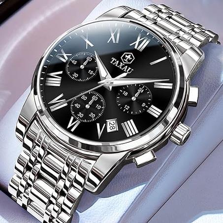 ساعة رسمية للرجال من تاكساو، ساعة كرونوغراف فاخرة مقاومة للماء بوجه كبير من الستانلس ستيل، متعددة الوظائف بأرقام رومانية مضيئة