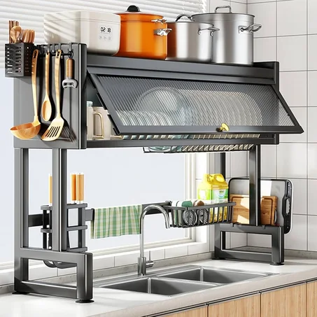 رف لتنظيم وتجفيف الاواني بطابقين مع خزانة مدمجة ( متوفر بحجمين )