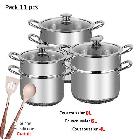 طقم كسكس  من الإينوكس الأصلي المضاد للالتصاق مع طقم ملاعق مجاني Ensemble  Couscoussier inox 8L / 6L / 4L
