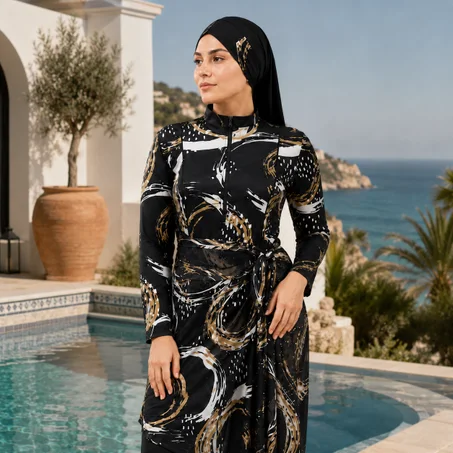 Burkini + Paréo 4 pcs Noir/ Doré Chic – Élégance & Confort pour vos journées plage et piscine