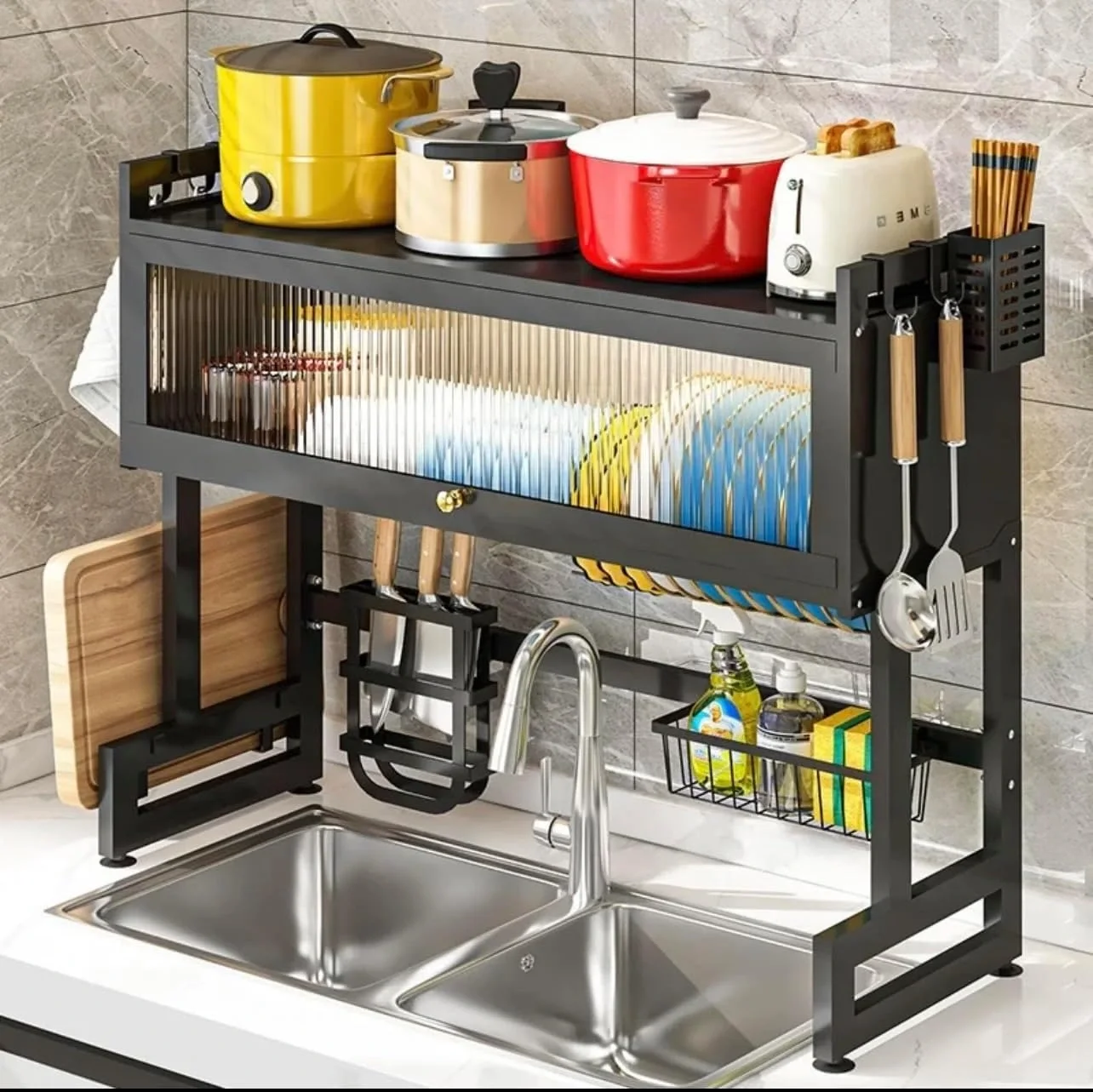 رف لتنظيم وتجفيف الاواني بطابقين مع خزانة مدمجة - Égouttoir à vaisselle en acier inoxydable