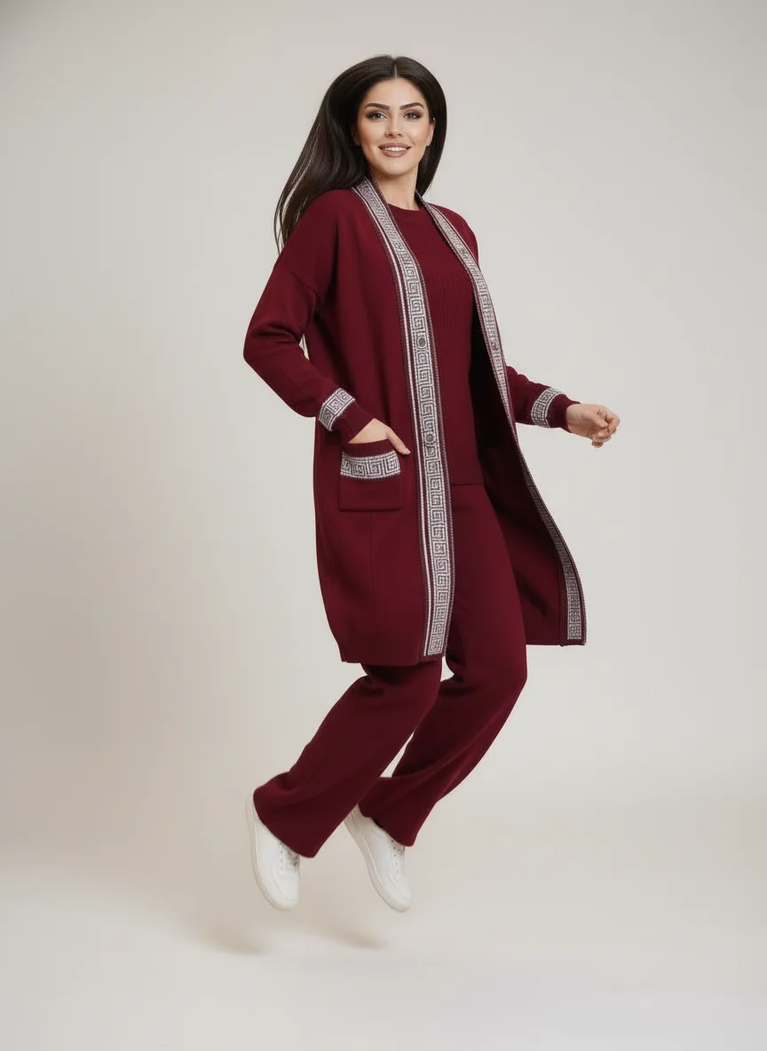 طقم صوف راقي بلون بوردو