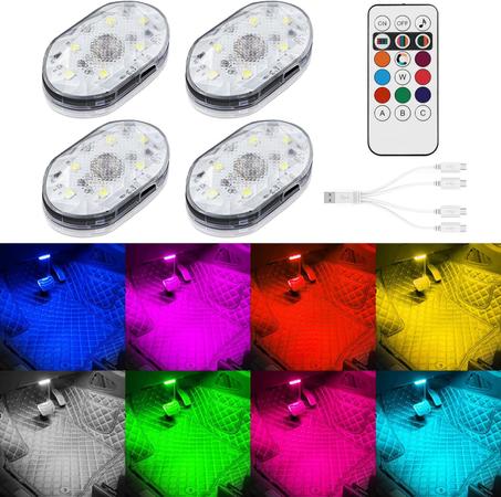 4 luces LED inalámbricas para coche con control remoto, 8 colores luces de noche interiores del coche