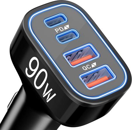 Cargador de coche USB C, 4 puertos 90 W súper rápido cargador de teléfono de coche, accesorios dual de 45 W USB-C y USB-A cargador Carro adaptador Carro encendedor de cigarrillos para iPhone 