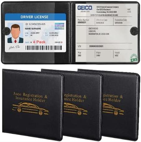 Paquete de 4 portafolios negros para registro de seguro de automóvil para automóvil, motocicleta, camión, remolque de vinilo para identificación y almacenamiento de visera, necesario en cada 