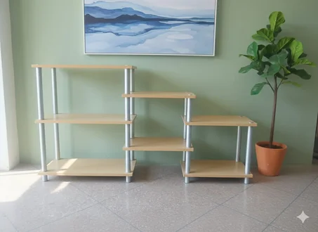 رف خشبي متعدد المستويات بتصميم عصري – عملي وأنيق للمحلات والمنازل