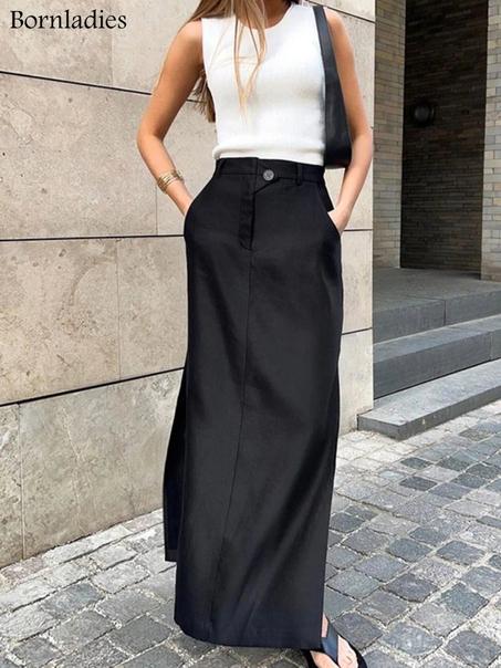 Bornladies 2022 Women's Vintage Elastic Waist Buttons  Skirts Summer Female Casual Cotton Black Split Long Skirts