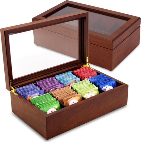 Caja de té – Organizador de bolsas de té de madera de lujo de The Apace Premier Collection – Contenedor de almacenamiento de té de 8 compartimentos – Elegantemente hecho a mano con ventana re
