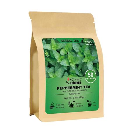 FullChea Bolsas de té de menta piperita, 50 bolsitas de té, de hojas de menta piperita, refrescante y mentolado, sin OMG, sin cafeína, refresca el aliento y mejora la digestión