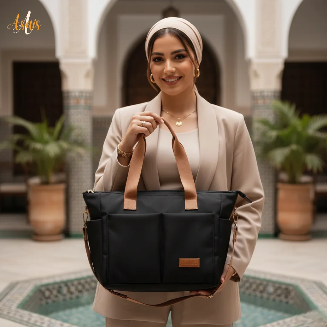 حقيبة المرأة المغربية الراقية – أناقة يومية بحقيبة مقاومة للماء ( الَّلون الأسود )