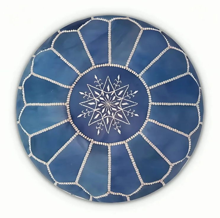 Round Moroccan Leather Pouf Blue – Handcrafted Footstool