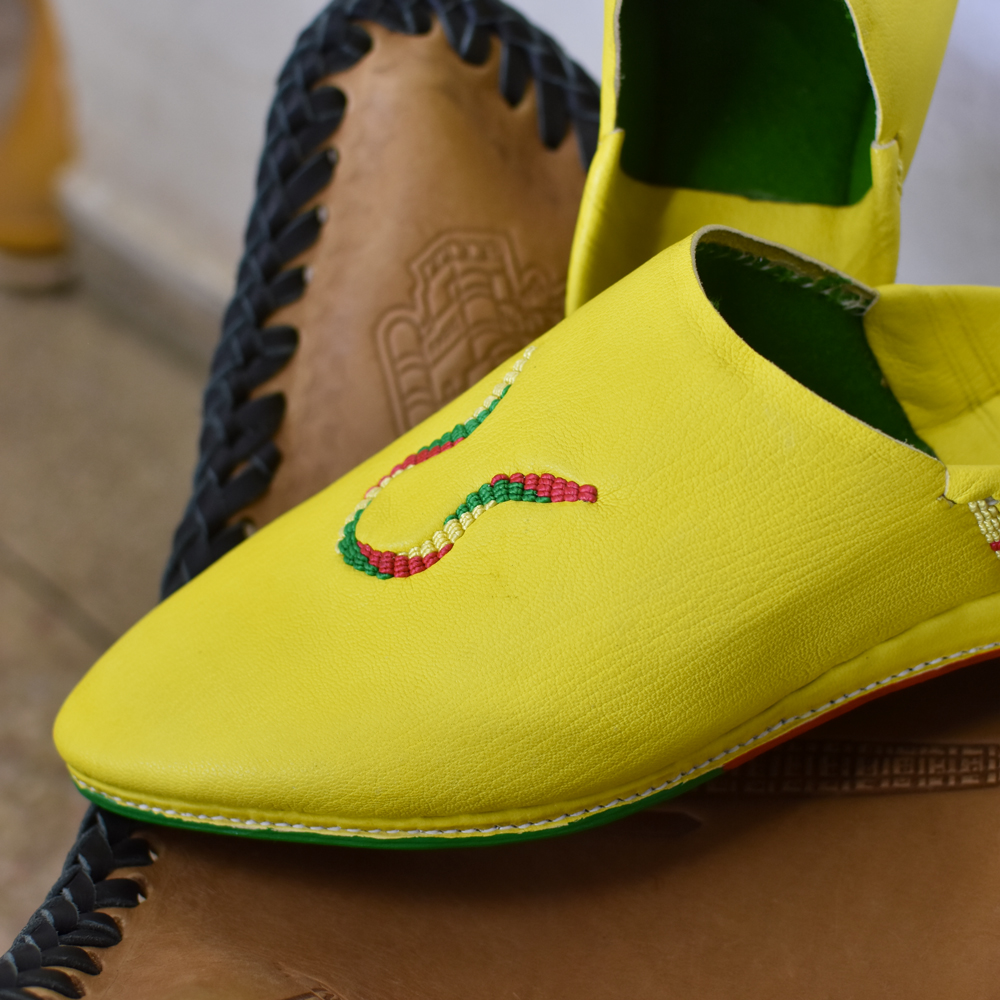 Elegant Yellow Leather Babouche with Intricate Embroidery