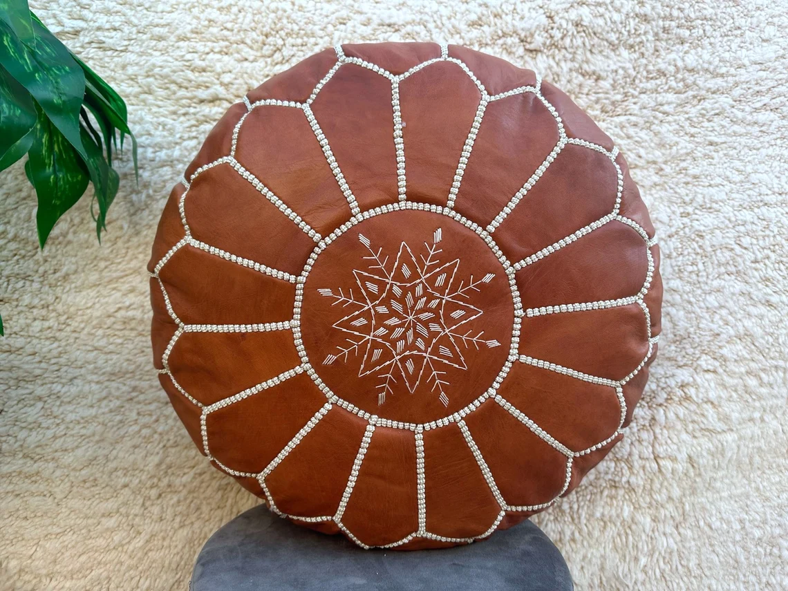 Handcrafted Genuine Tan Leather Pouf Starmia