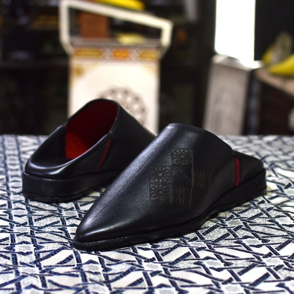 Handcrafted Moroccan Leather Babouche Slippers for Men – Zellige Geometric Design