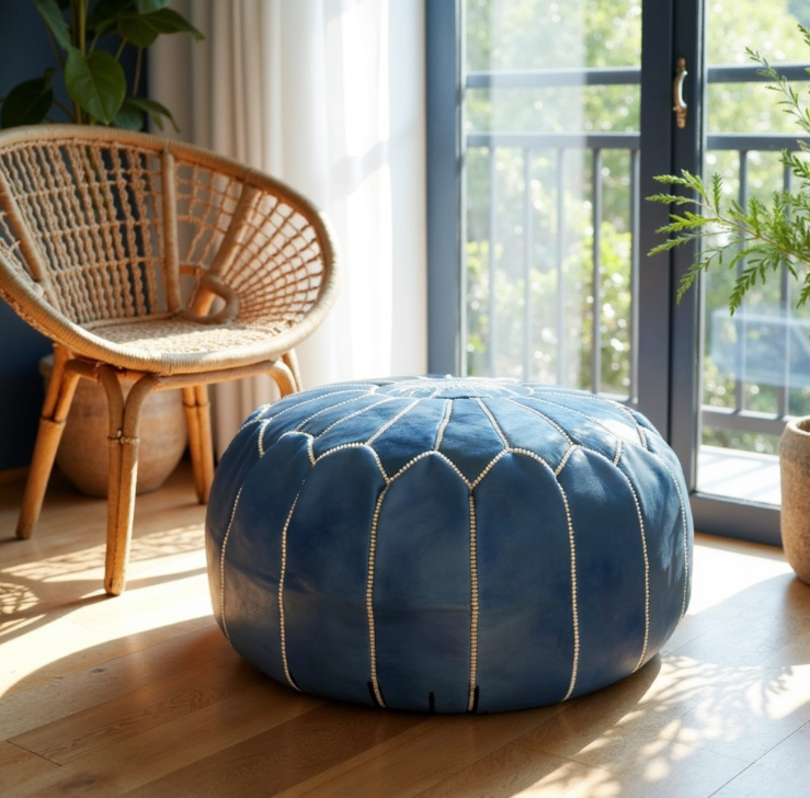 Round Moroccan Leather Pouf Blue – Handcrafted Footstool