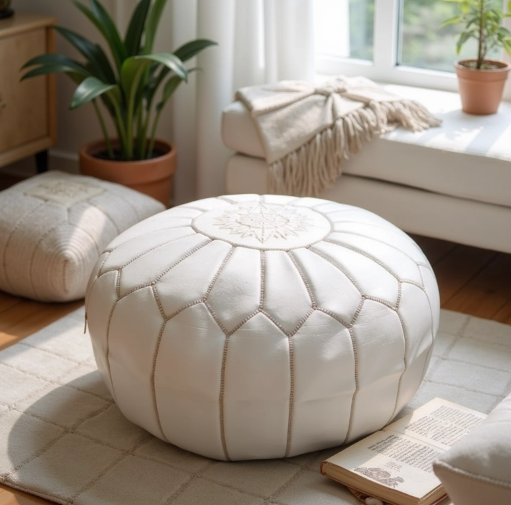Round Moroccan Leather Pouf Starmia White