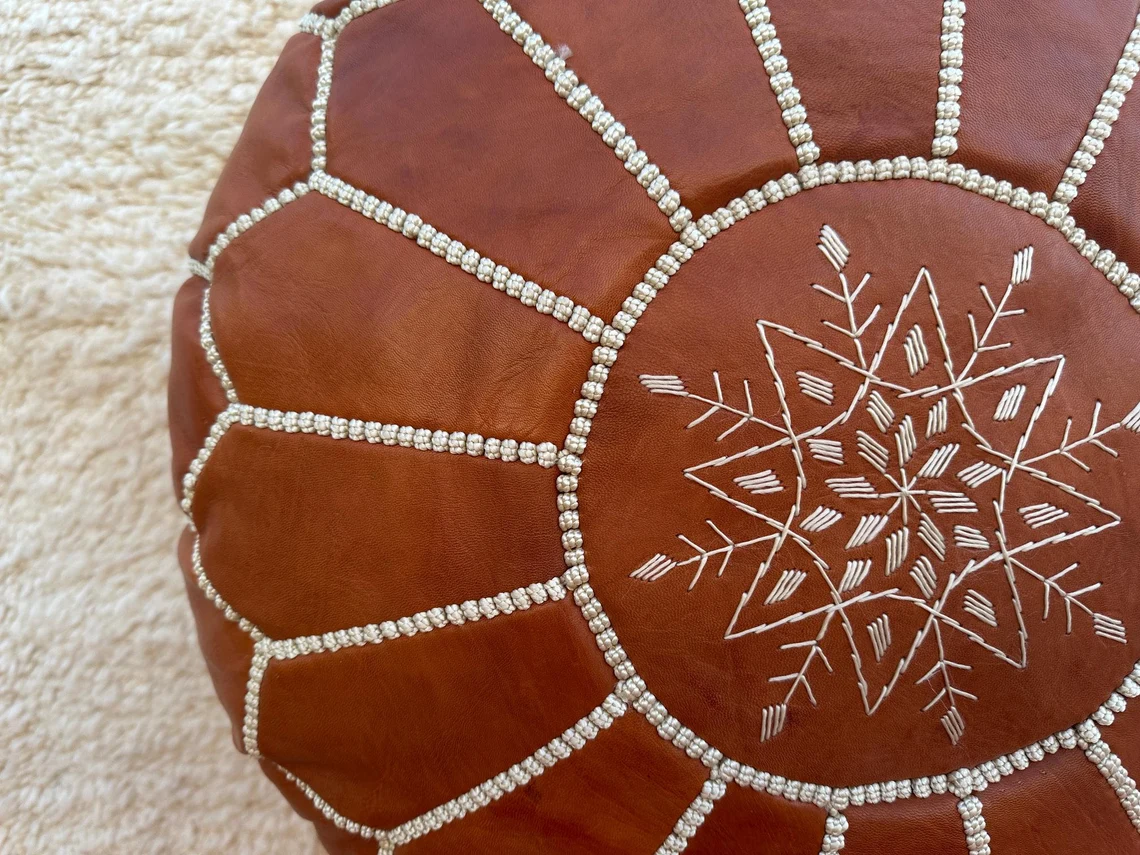 Handcrafted Genuine Tan Leather Pouf Starmia