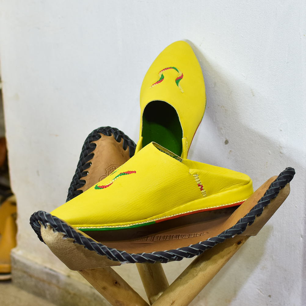 Elegant Yellow Leather Babouche with Intricate Embroidery