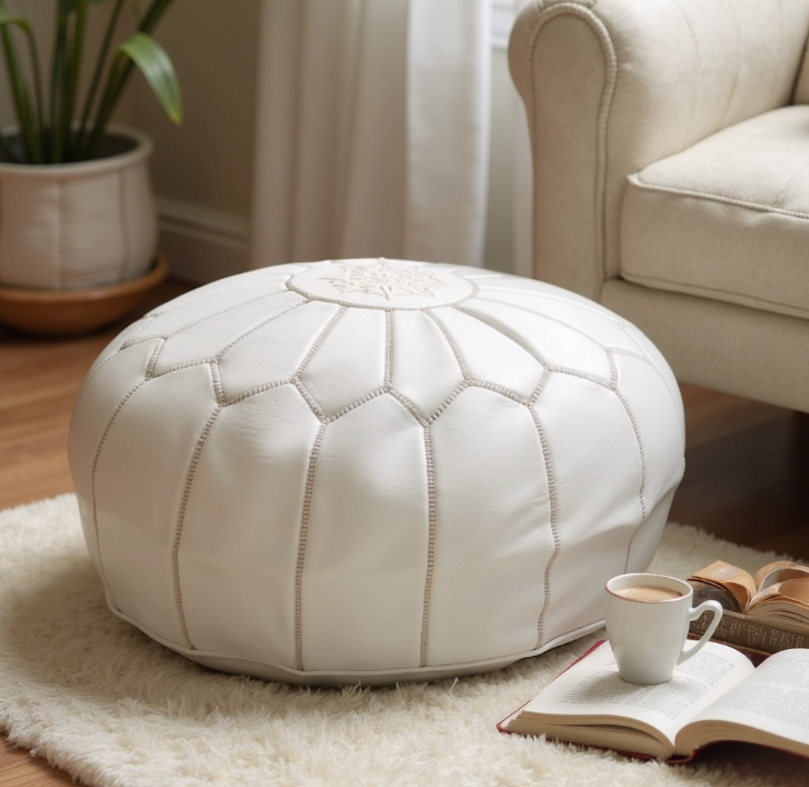 Round Moroccan Leather Pouf Starmia White