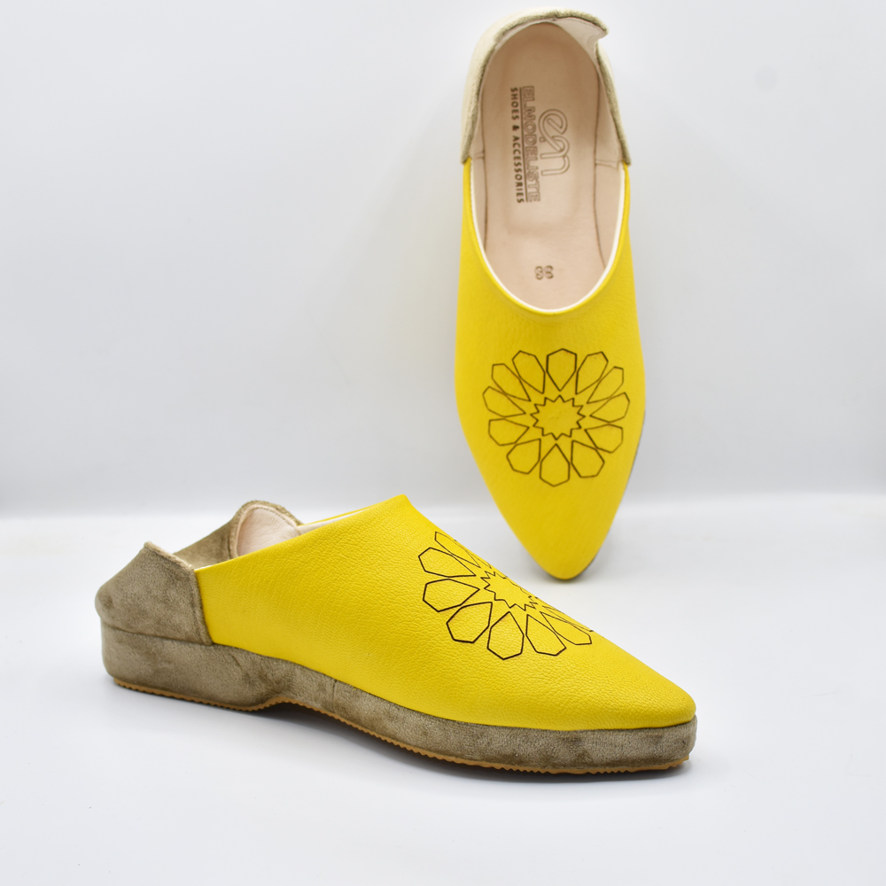 Yellow Ziwani Leather with Engraved Zellige & Beige Textile Platform